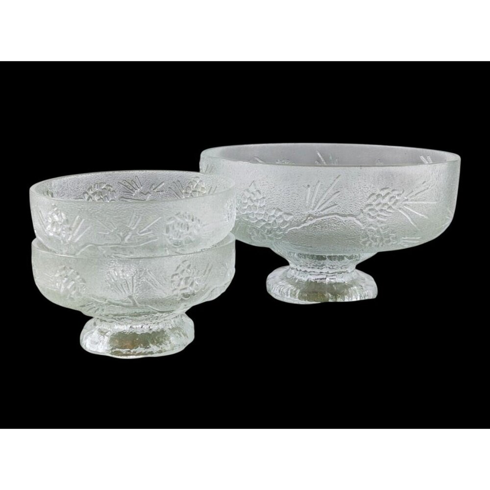 Ponderosa Pine Salad Bowl Set by Tiara 80s/90s 3 Piece Set Clear Glass Pinecones - Picture 3 of 16